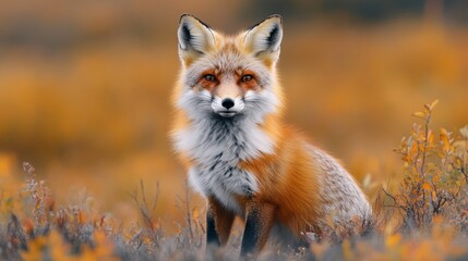 Obraz premium Autumnal fox in golden light amidst grass, flowers. Vibrant hues, blurred background highlight the fox as the central subject.