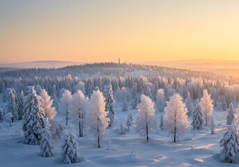 Frosted forest sunrise panorama