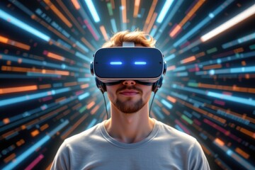 Virtual reality experience with vibrant light effects in the background.