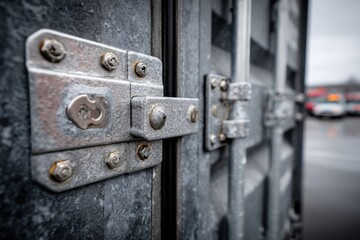 A close-up of the weathered, metallic latches securing a cargo container door, reflecting the industrial and logistical demands of global trade and transportation systems.