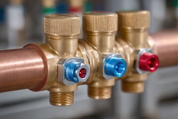Close-up shot of a brass manifold with copper pipe, featuring colored flow indicators and textured caps, set against a neutral background emphasizing precision engineering.