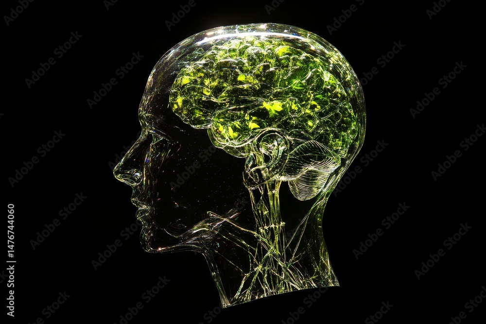 Poster translucent depiction of a human head and brain with visible neural pathways.