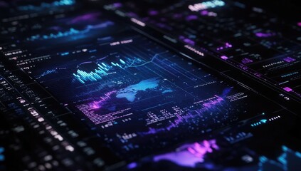 Interactive data visualization displays, showcasing various financial metrics and global data trends.  
