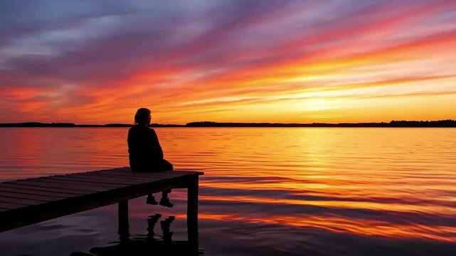 Silhouette of Woman Sitting on Edge of Pier, Legs Dangling, Watching Colorful Sunset Over Water
