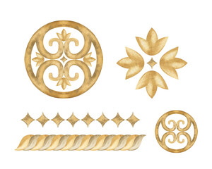 Watercolor medieval hand drawn gold ornament illustration isolated on background. Round ornament element with a heraldry lily flower. Fleur-de-lis meander. Linear chain and star ornament, ribbon in