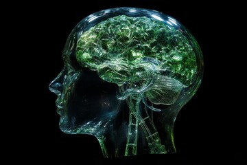 Translucent head displaying a detailed brain model.