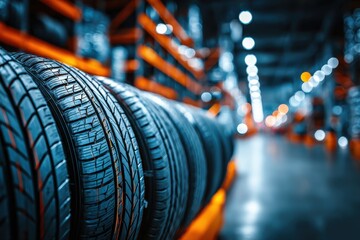 A close-up of a row of new tires in a warehouse, highlighting the tire treads, with blurred shelves and lighting in the background, showcasing automotive parts storage.