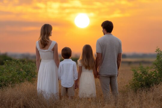 Naklejki Sunset Family Silhouette: A Serene Golden Hour Portrait