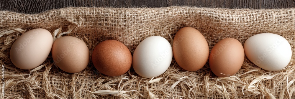 Poster Organic Eggs Arranged on Straw Mat Showcasing Natural Colors and Textures in a Rustic Setting