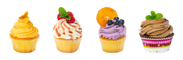 assorted cupcakes with different toppings on white background