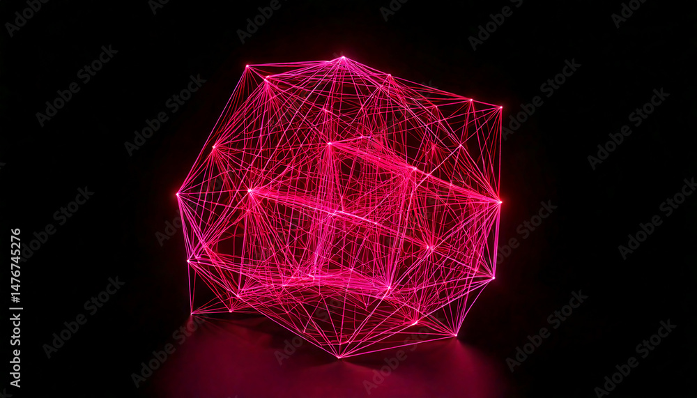 Poster abstract geometric shape with interconnected red lines and glowing points on a dark background. conc