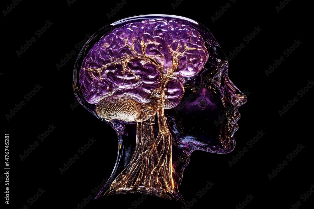Poster translucent head showcasing intricate brain structures.