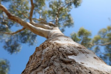 Fototapeta premium Eucalyptus Trunk: Upward View, Textured Bark, Sunny Day