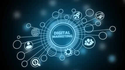 Glowing neon line banner of digital marketing concept with icons of branding, advertising, SEO, social media, devices, internet and target isolated on transparent background.