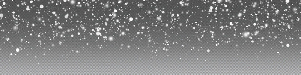 White snow flying on transparent  background. Snowflakes falling christmas decoration isolated background. Vector heavy snowfall, snowflakes. Vector overlay for holiday designs.