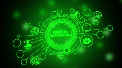 Glowing neon line banner of digital marketing concept with icons of branding, advertising, SEO, social media, devices, internet and target isolated on transparent background.