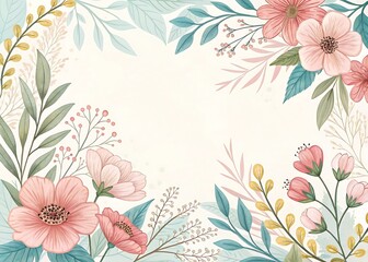 Elegant Floral Frame with Pink Flowers and Green Leaves for Invitations