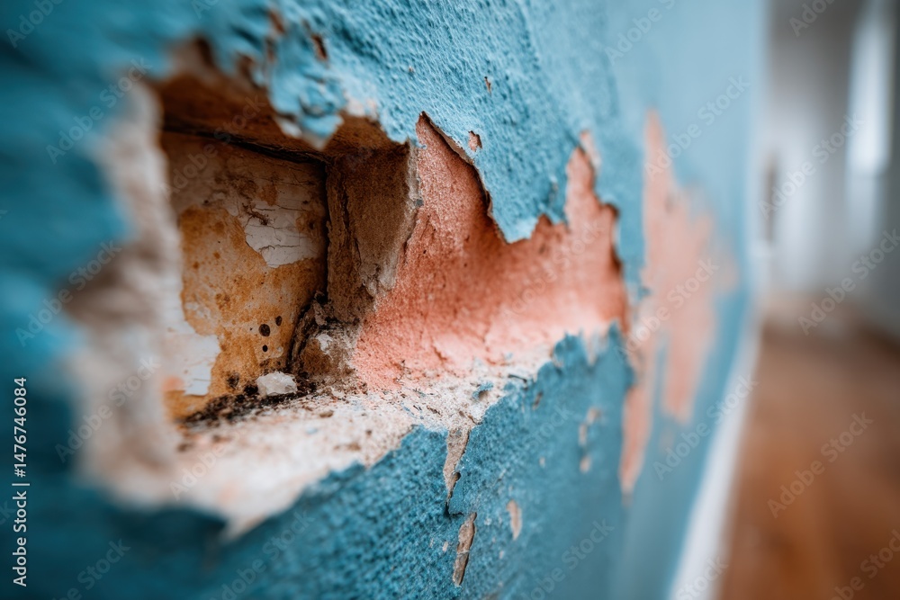 Poster close-up of a dilapidated wall showing peeling paint, revealing old layers and textures, suggesting 