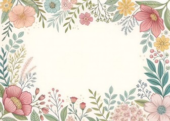 Floral frame with pastel colors and hand drawn botanical elements design