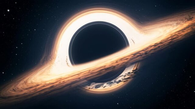 Black hole surrounded by glowing accretion disk in outer space   - Powered by Adobe