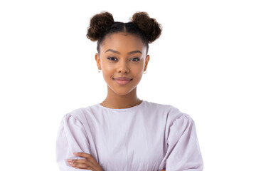 Confident Young Woman: A portrait of a young woman with dark skin and hair styled in space buns, arms crossed, exuding confidence and poise.