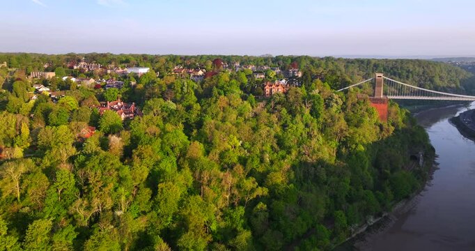 Aerial video of Leigh Woods in Bristol UK featuring river Avon and Bristol Suspension Bridge in the morning. 