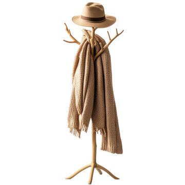 Hat and scarf elegantly draped on a minimalist wooden coat rack cutout isolated on transparent bg, png