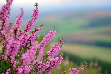 Obraz premium Pink heather blooms in a vibrant landscape