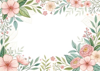 Watercolor floral frame design with light pink flowers and green leaves