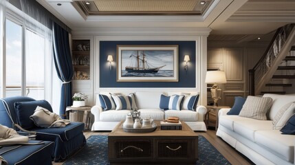 Fototapeta premium Nautical Home. Contemporary Interior Design with Sailor Style Decorations