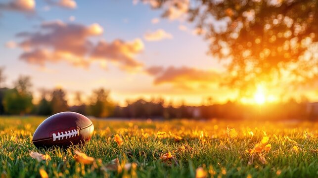 American football on field during quiet sunset, glowing sky reflected in the ball surface textures