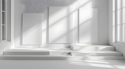 Fototapeta premium Minimalist White Interior with Blank Canvases and Window Light