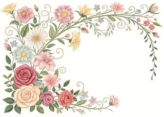 Elegant floral arrangement in soft pastel colors with leafy vines and swirls