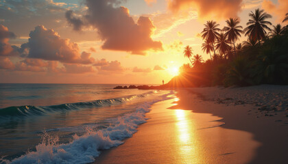 Sunrise over beach with palm trees and gentle waves