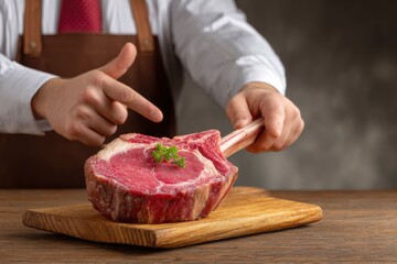 Prime Tomahawk Steak: Butcher's Presentation, Rich Marbling, Rustic Mood
