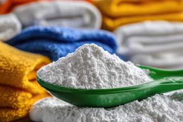 Laundry powder in a green measuring spoon, surrounded by various colorful clothes