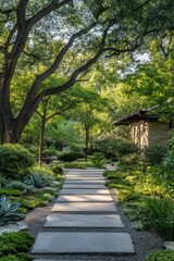 Obraz premium Serene Garden Path with Stone Pavers Leading Through Lush Greenery in Austin Texas Landscape Design