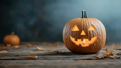 Glowing carved pumpkin decoration evokes autumn spirit, happy Halloween vibes with smiling face.