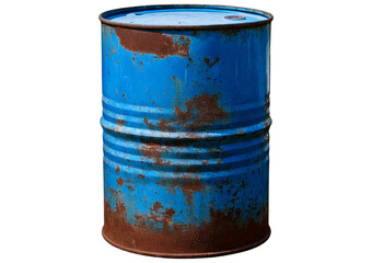 Old rusted blue steel oil barrel isolated on transparent or white background