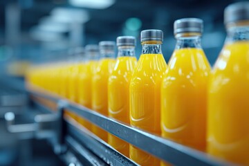 A large group of glass bottles filled with refreshing orange juice being processed on a conveyor belt, ready for packaging and distribution in a factory setting.