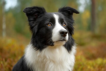 Border Collie Portrait: Serene Gaze in Autumnal Woods