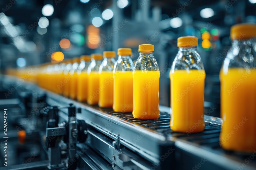 Poster a close up of juice bottles on a conveyor belt in a factory, showcasing the automated production lin