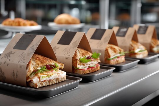 A neatly arranged row of takeaway sandwiches in brown paper bags on a metal counter, showcasing fresh ingredients like turkey, tomatoes, and greens, perfect for a quick lunch.
