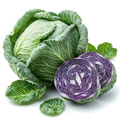 Healthy raw cabbage halves with deep green and purple hues high resolution image