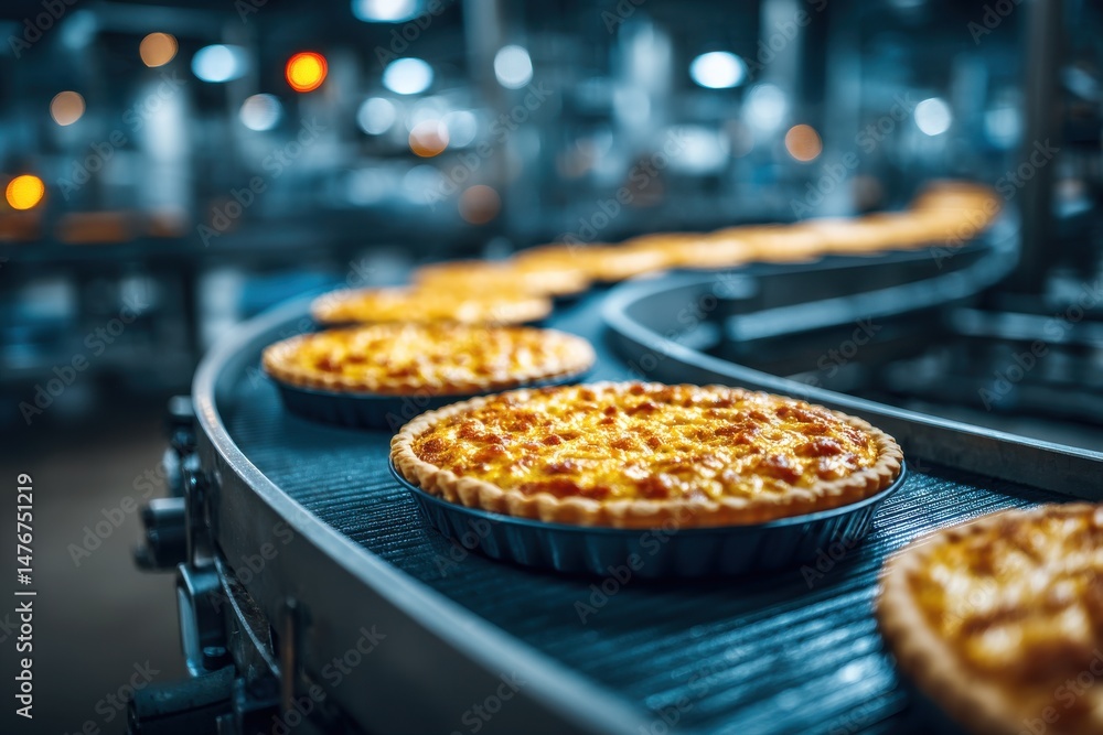 Poster freshly baked quiches on a production line in a modern food factory, with a clean and automated proc