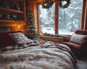 Hygge winter bedroom cozy plaid blankets snowy outdoor view warm festive lights high resolution image