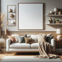 modern living room with sofa and blank frame photo