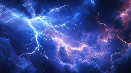 Dramatic Cloudscape with Lightning Strikes and Electric Energy Displaying Nature's Power from Below in Night Sky