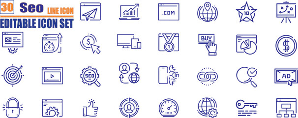 Set of seo related line icons.  Features editable icons for SEO, search engine optimization, digital marketing, content marketing, and website optimization. 
