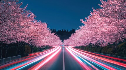 A vibrant night scene of a road lined with blooming cherry blossom trees, illuminated by colorful light trails from passing vehicles.